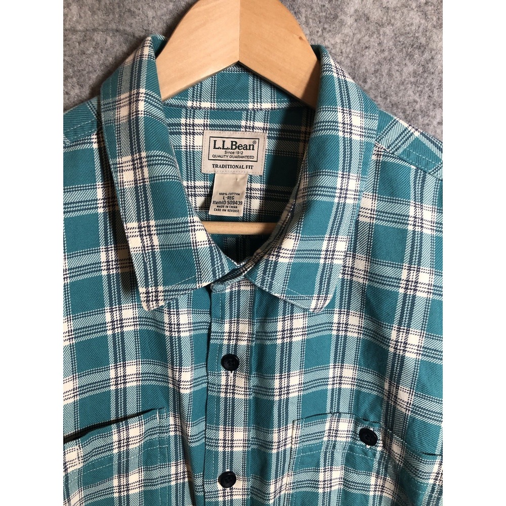 L.L. Bean Shirt Men Large Green Plaid Cotton Long Sleeve Casual
